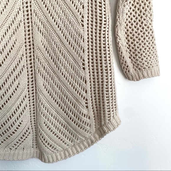 Chelsea & Theodore Beige Cream Open Knit 3/4 Sleeve Crewneck Round Hem Sweater - Picture 3 of 7